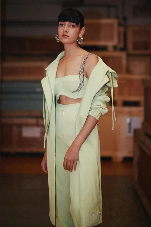 Sage Green Embellished Bralette and Bomber Trench Coat with Cigarette Pants