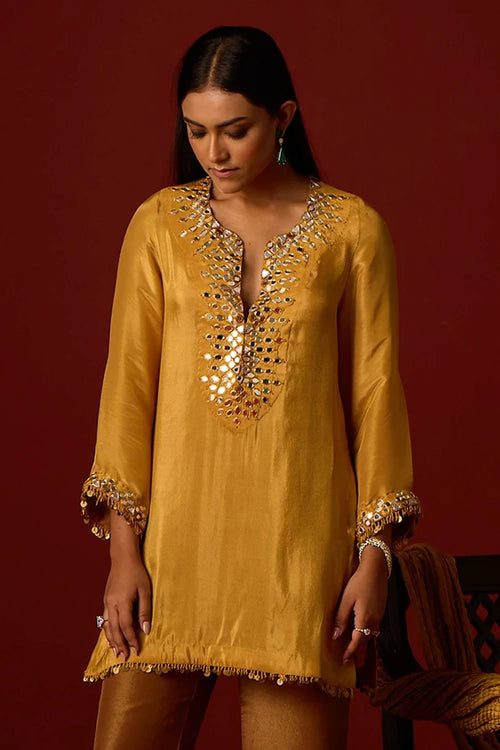 Golden Yellow Tissue Mirrorwork Tunic