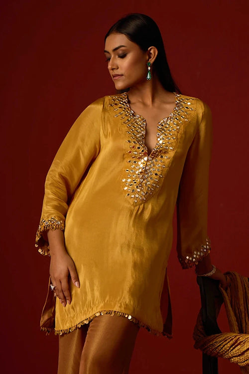 Golden Yellow Tissue Mirrorwork Tunic