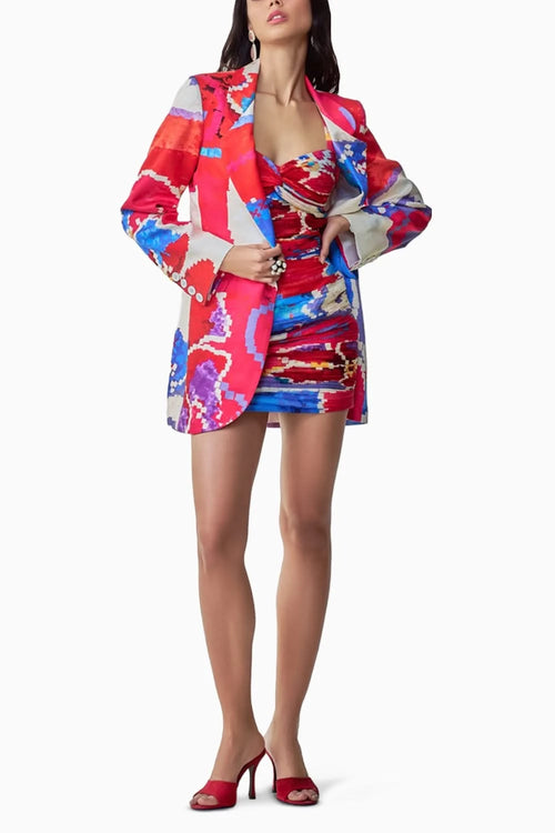Millie Ikat Print Pleated Sweetheart Mini Dress & Oversized Blazer