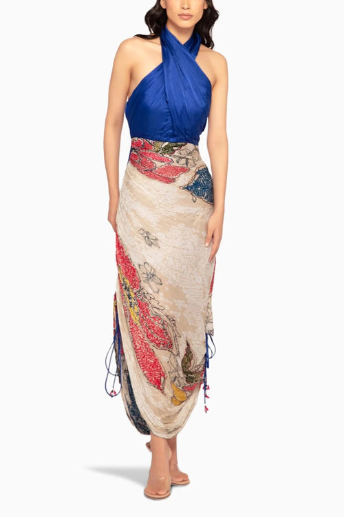 Dual Periwinkle Bandhani Pleated Halter Dress