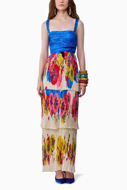 Missy Floral Print Three-Tiered Pleated Maxi Dress