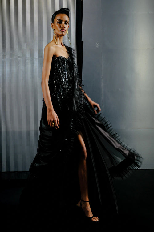 Black Multi Shape Sequins Corset with Jimmy Frill Work Saree