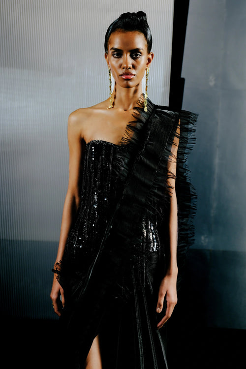 Black Multi Shape Sequins Corset with Jimmy Frill Work Saree