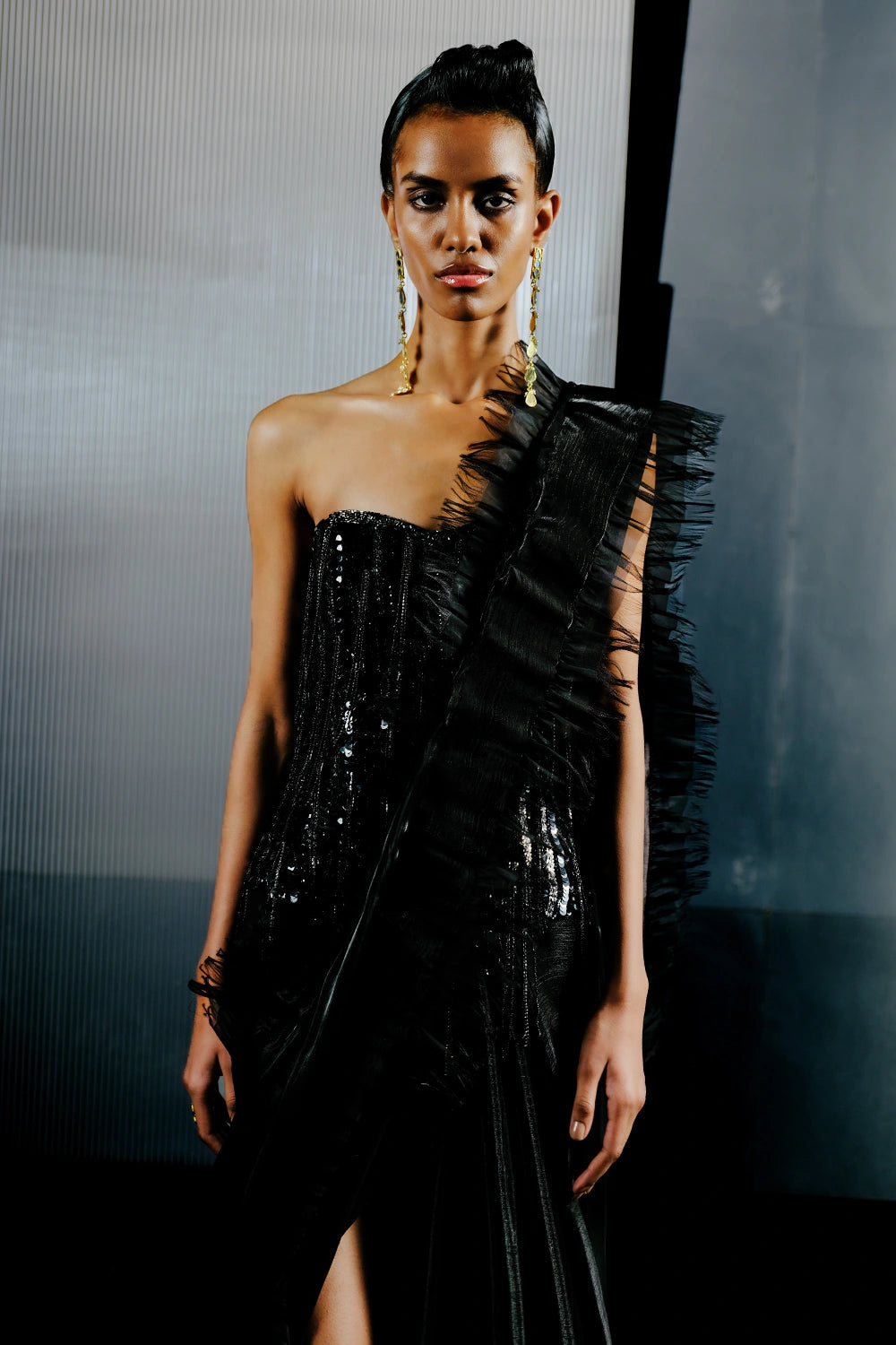 Black Multi Shape Sequins Corset with Jimmy Frill Work Saree