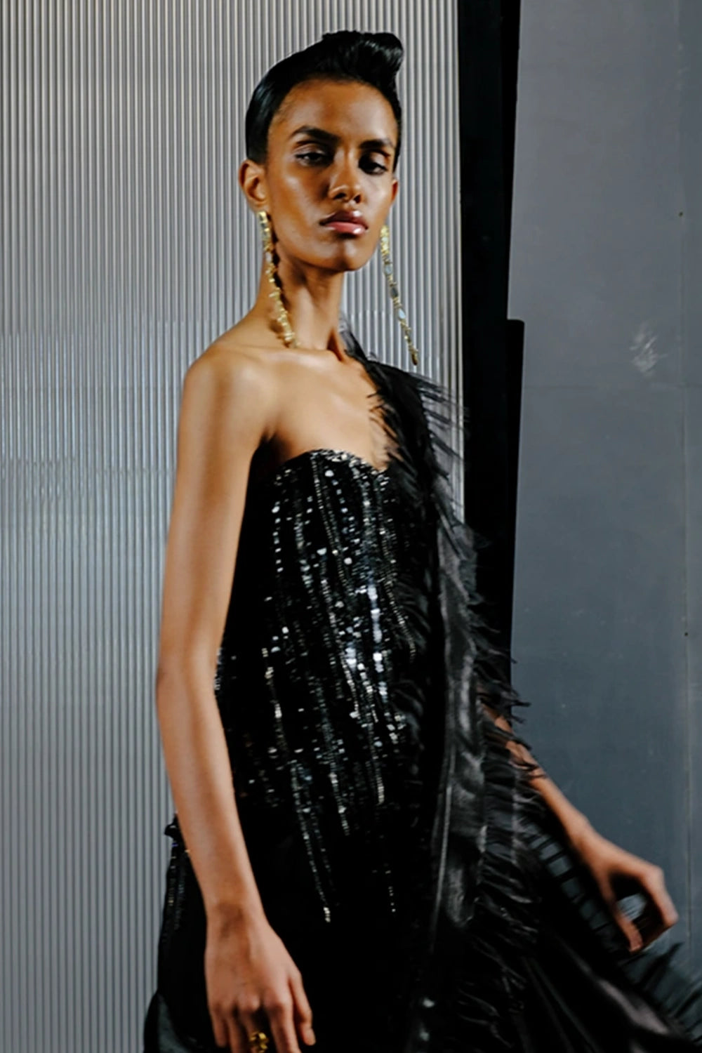 Black Multi Shape Sequins Corset with Jimmy Frill Work Saree