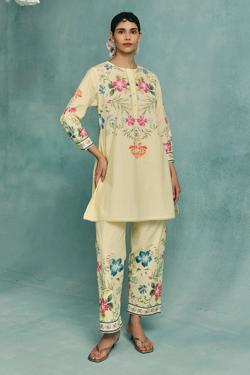 Lemon Rose Round Neck Kurta Set