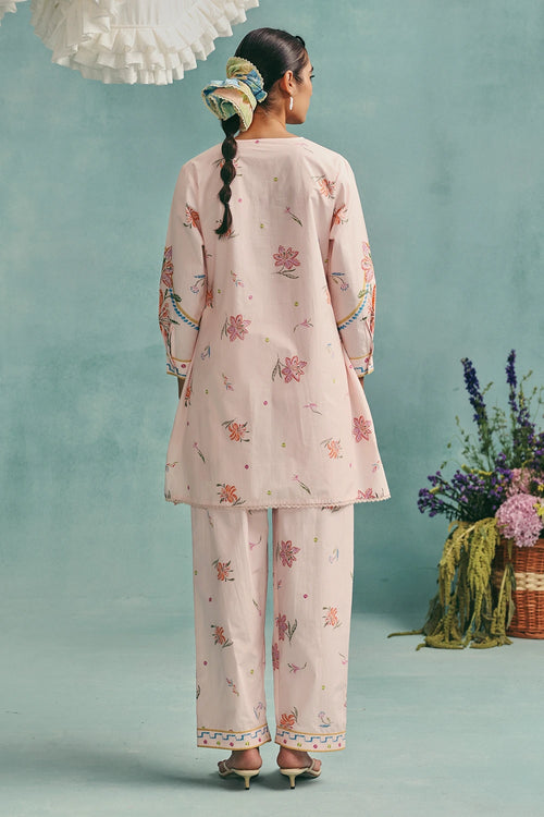 Pink Hibiscus Round Neck Kurta Set