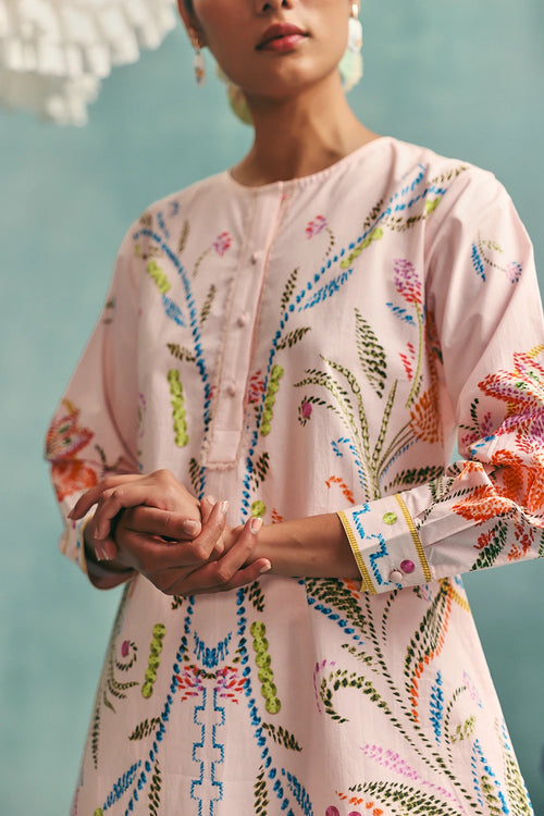 Pink Hibiscus Round Neck Kurta Set