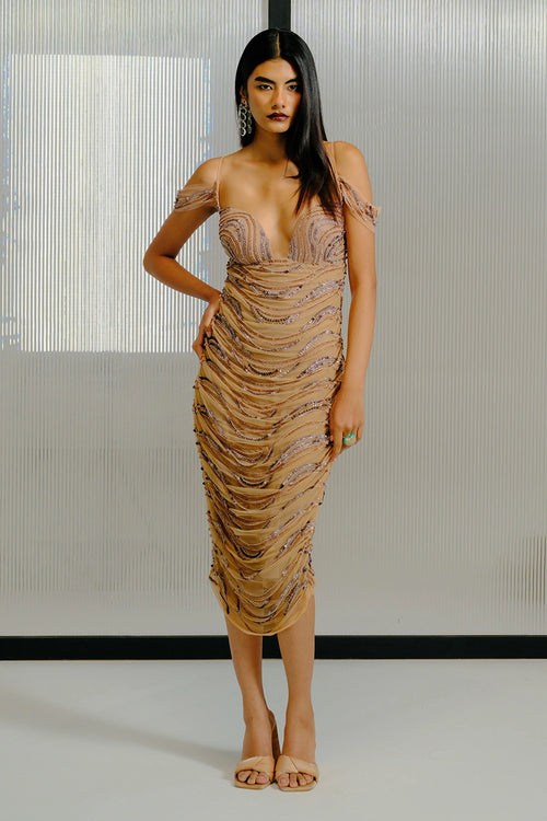 Pink Sequin-Bugle Bead Embellished Bodycon Dress