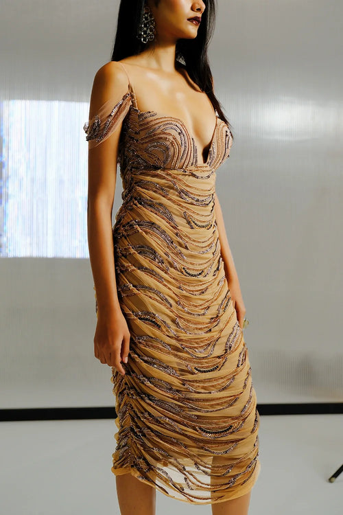 Pink Sequin-Bugle Bead Embellished Bodycon Dress