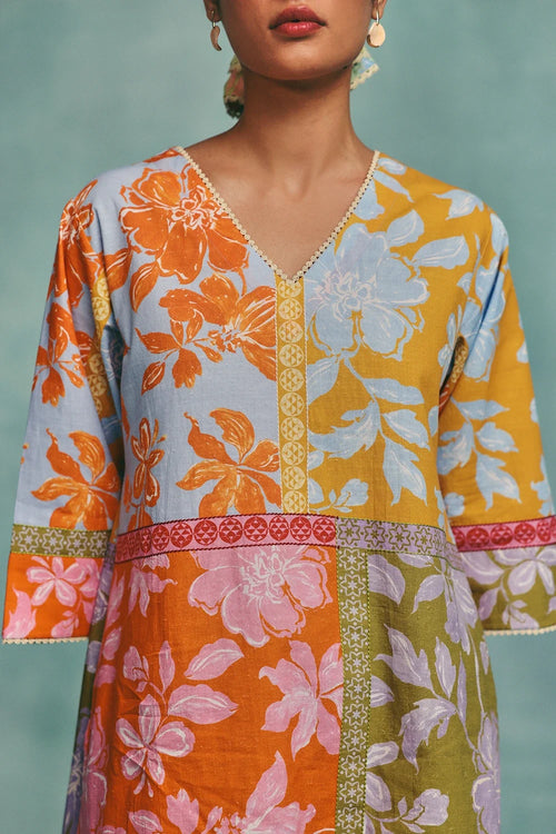 Multi Patchwork V-neck Kurta Set