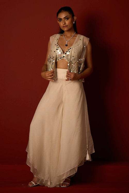 Ivory Asymetrical Jacket With Flared Pants