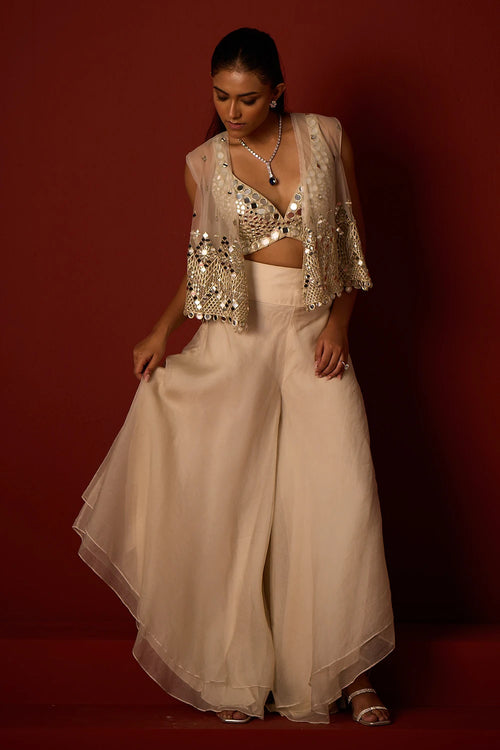 Ivory Asymetrical Jacket With Flared Pants