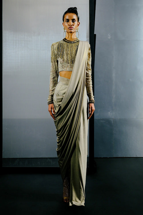 Brown & Ivory Ombre Lurex Concept Sari