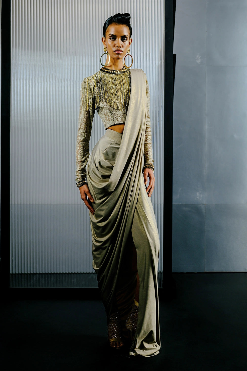 Mouse Embellished Gold Crop Blouse & Contemporary Draped Saree Set