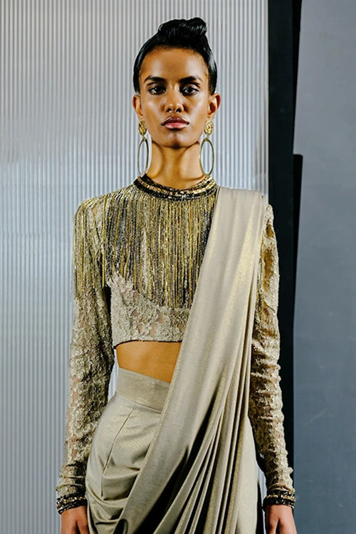 Grey Lace Sequin-Chain Embroidered Crop Blouse