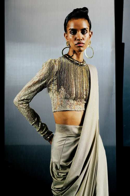 Brown & Ivory Ombre Lurex Concept Sari