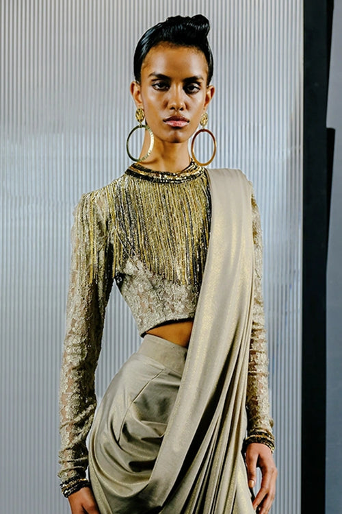 Grey Lace Sequin-Chain Embroidered Crop Blouse