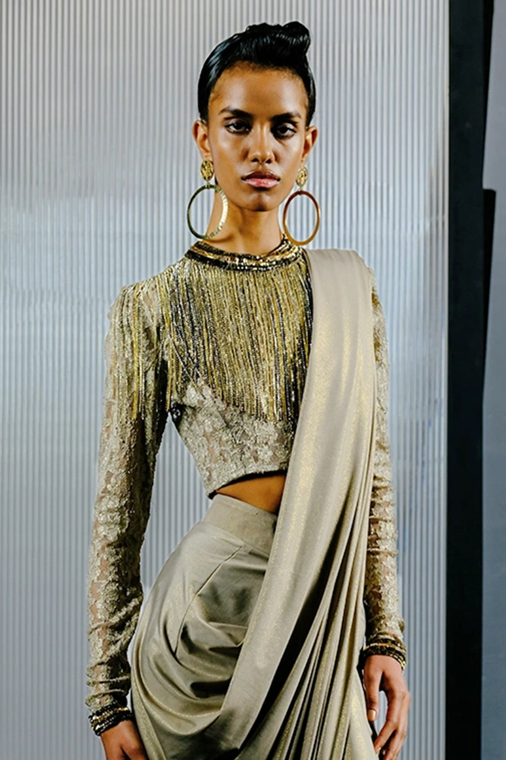 Grey Lace Sequin-Chain Embroidered Crop Blouse