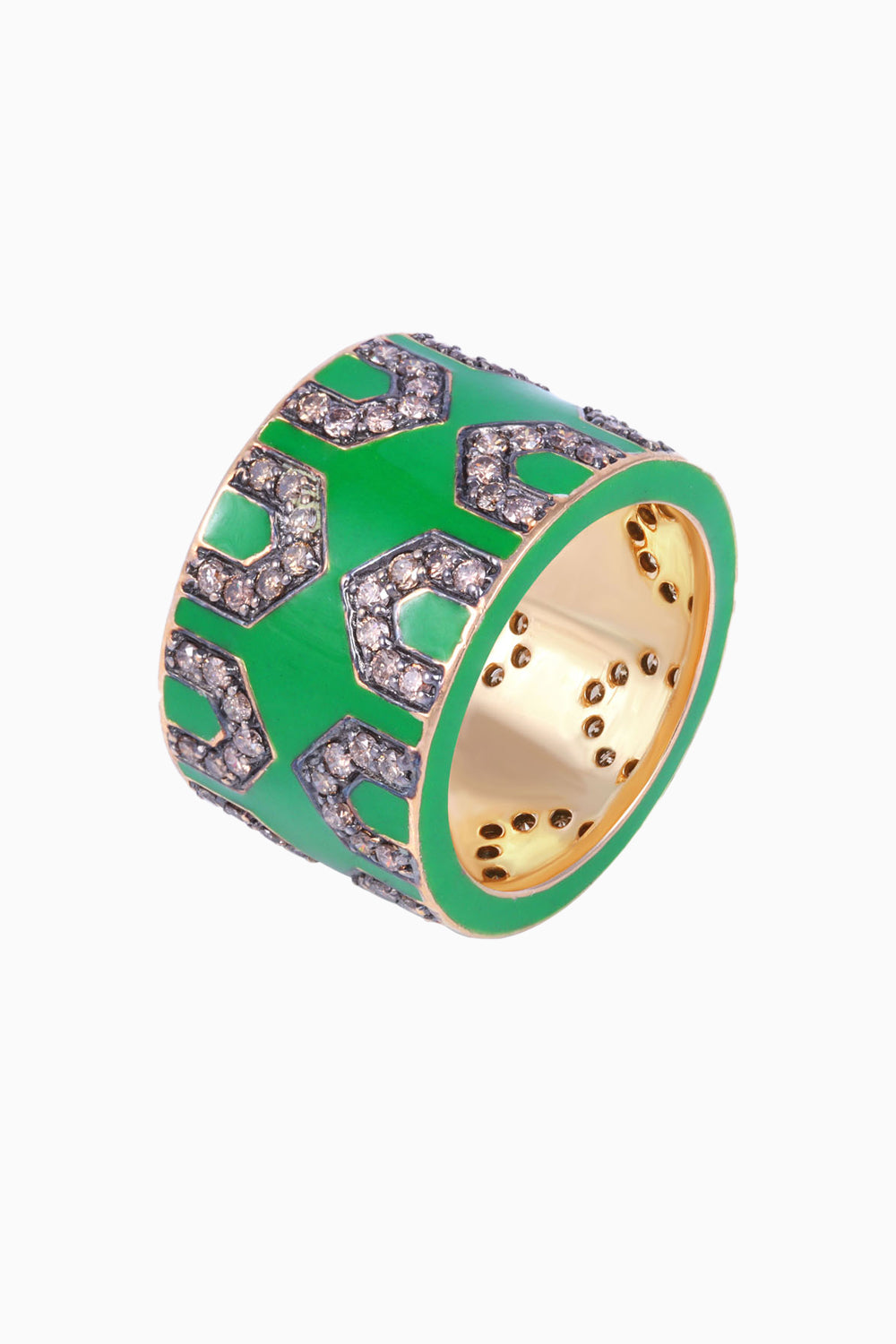 Green Enamel and Coffee 18KT Gold Diamond Ring