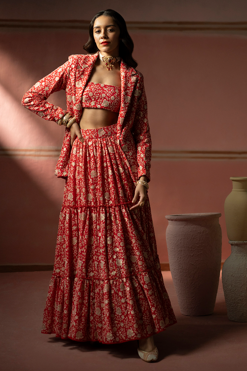 Red Chikankari Lehanga Set