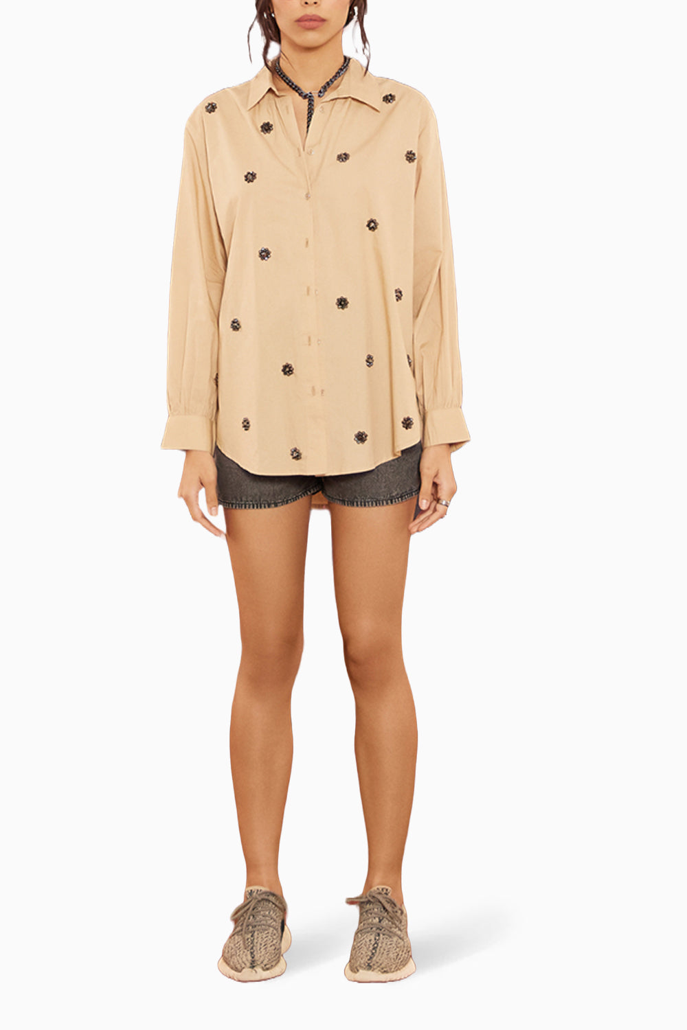 Beige Embellished Oversize Shirt