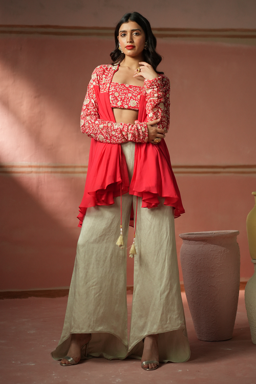 Watermelon Red Embellished Top with Satin Farshi and Bandeau