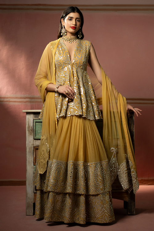 Golden Yellow Mirrorwork High-Low Lehanga Set