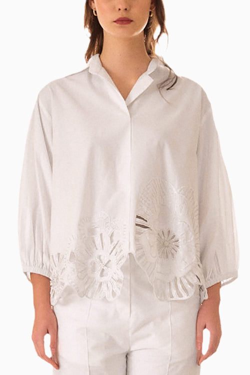 White Gathered Embroidered Bloom Cutwork Blouse