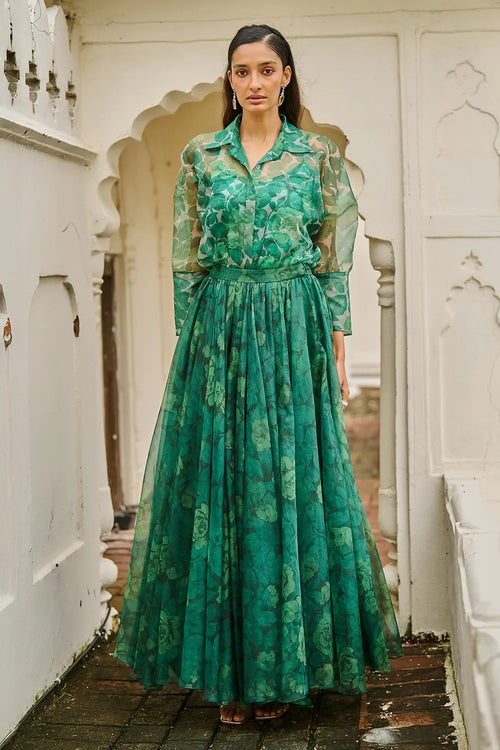 Green Rose Printed Organza Maxi Skirt
