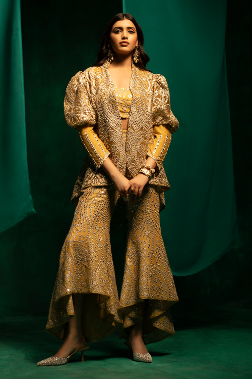Golden Silver Jacket with Tulip Sharara and Mirrorwork Bandeau