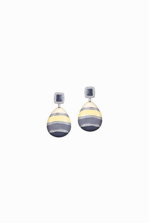 Off White, Grey Enamel and Diamond 18KT Gold Earrings