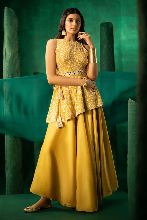 Yellow Hi Low Peplum Top with Flared Sharara and Embellished Belt