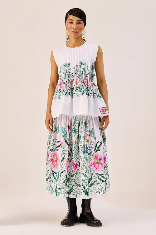 White Floral Peplum Top And Midi Skirt Set