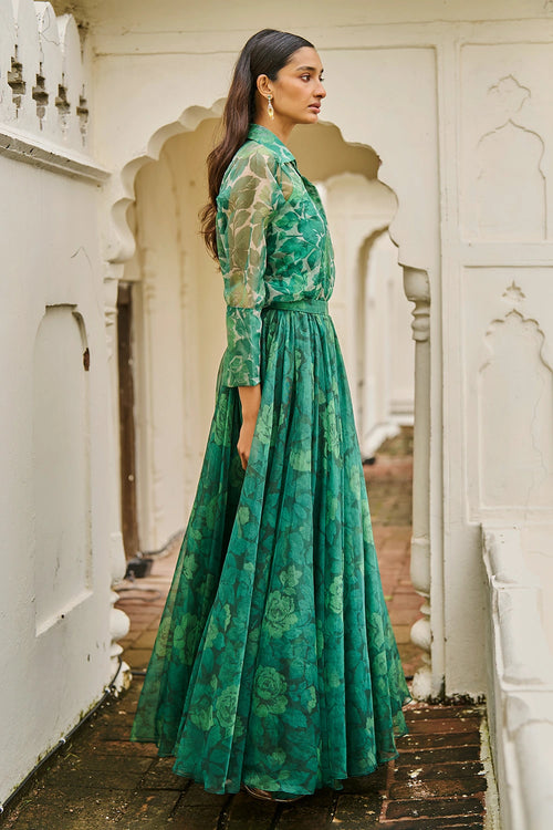 Green Rose Printed Organza Maxi Skirt
