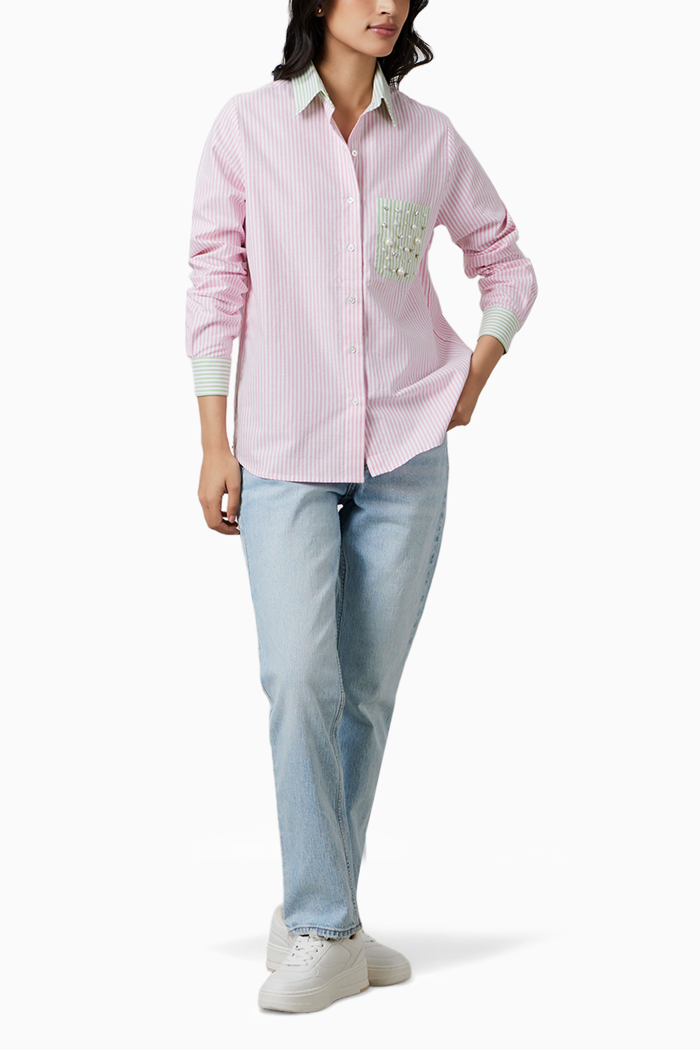 Pink Pastel Stripes Shirt with Swarovski Pearl Pocket