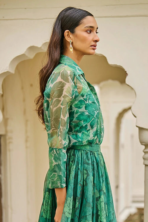 Green Rose Printed Organza Shirt