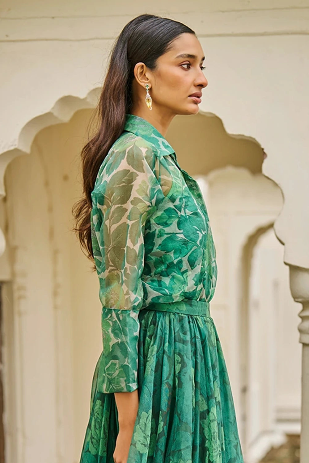Green Rose Printed Organza Shirt