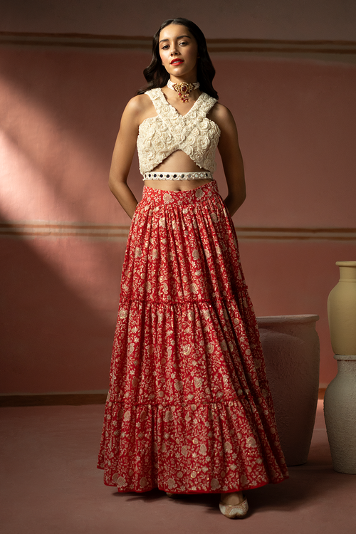 Red Chikankari Lehanga Set