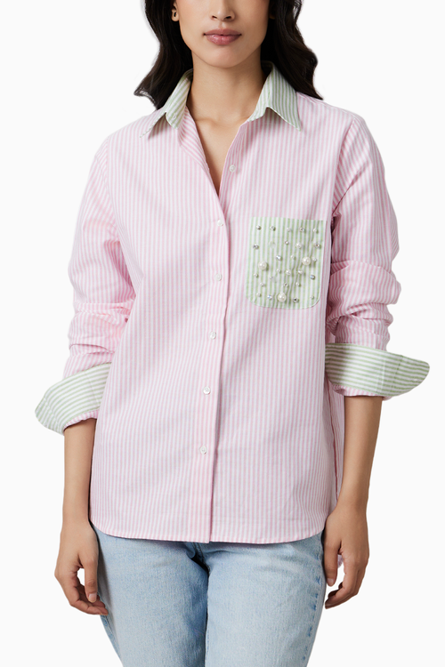 Pink Pastel Stripes Shirt with Swarovski Pearl Pocket