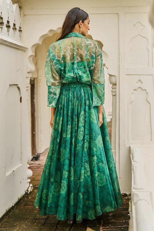 Green Rose Printed Organza Maxi Skirt