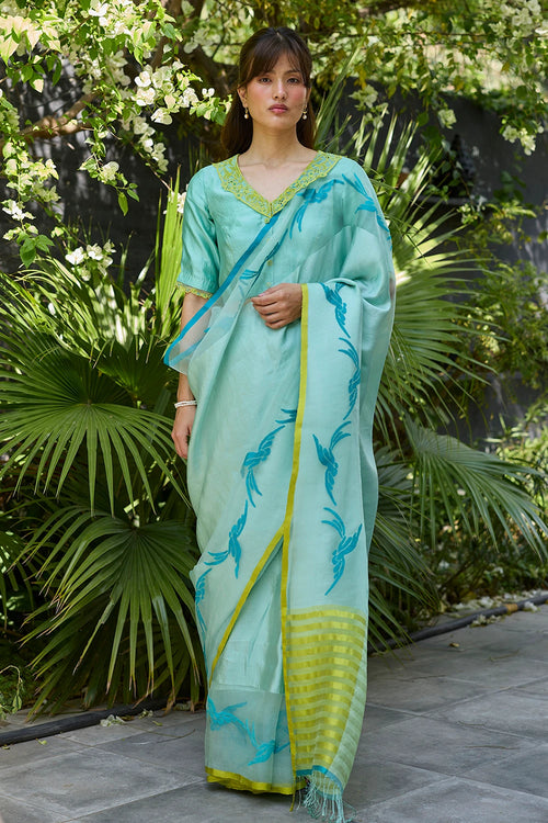 Playful Flight Blue Jamdani Saree With Blouse
