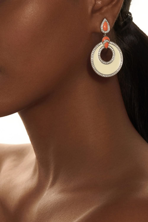 Off White, Orange Enamel and Diamond 18KT Gold Earrings