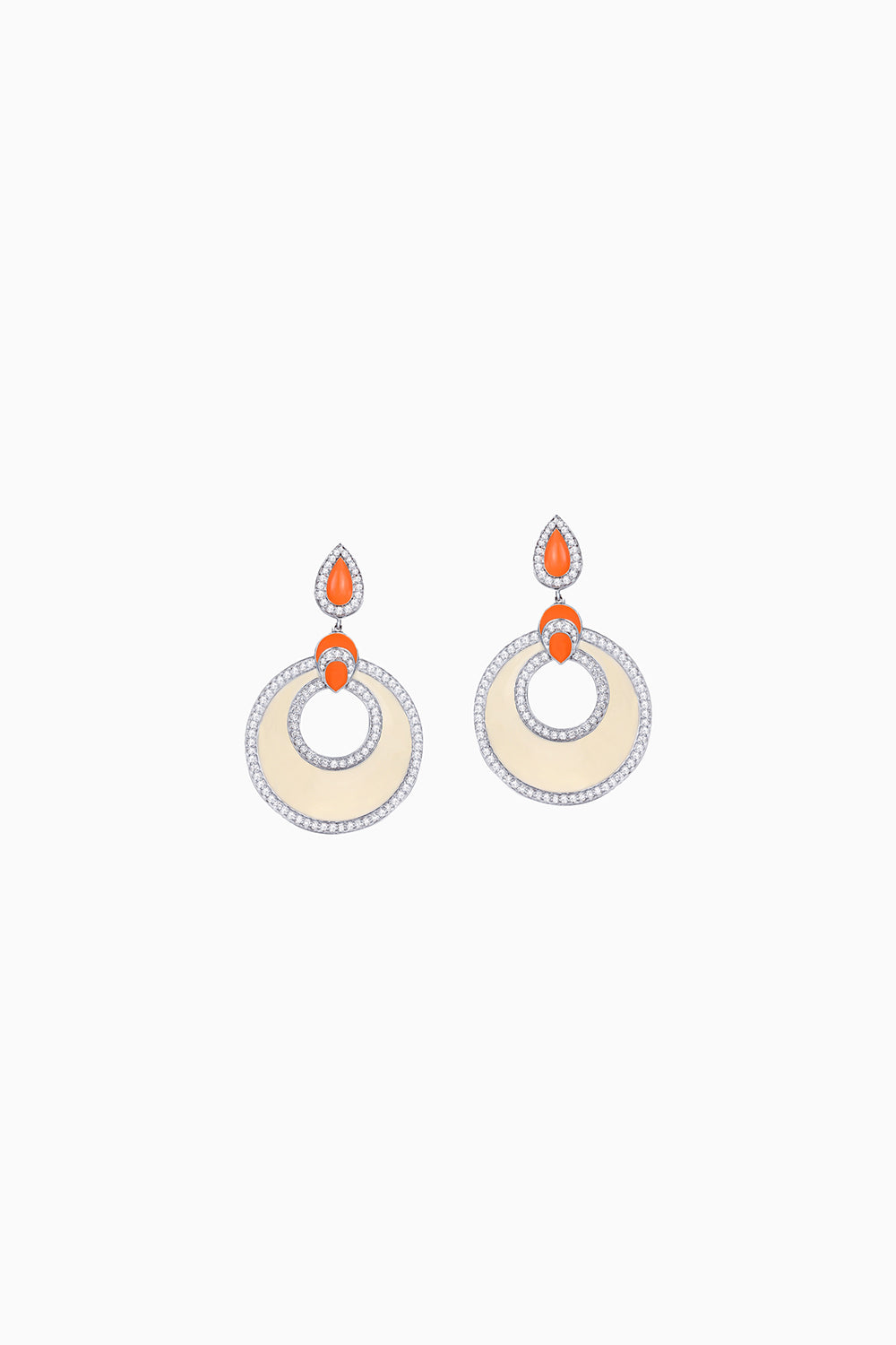 Off White, Orange Enamel and Diamond 18KT Gold Earrings