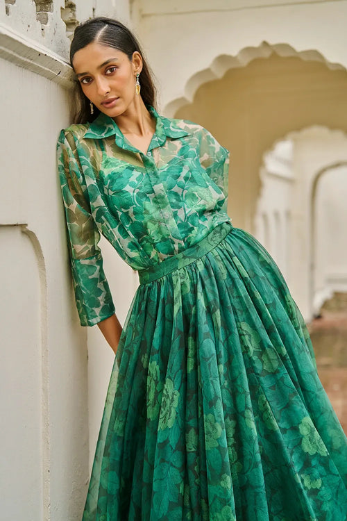 Green Rose Printed Organza Maxi Skirt Set