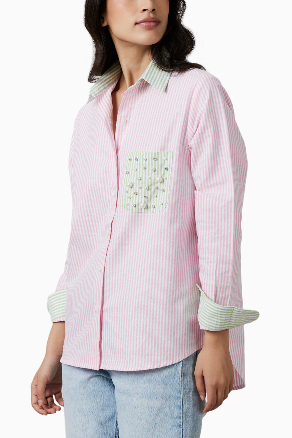 Pink Pastel Stripes Shirt with Swarovski Pearl Pocket