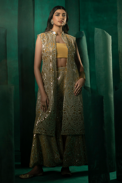 Golden Embellished Sherwani with Bandeau with Sharara