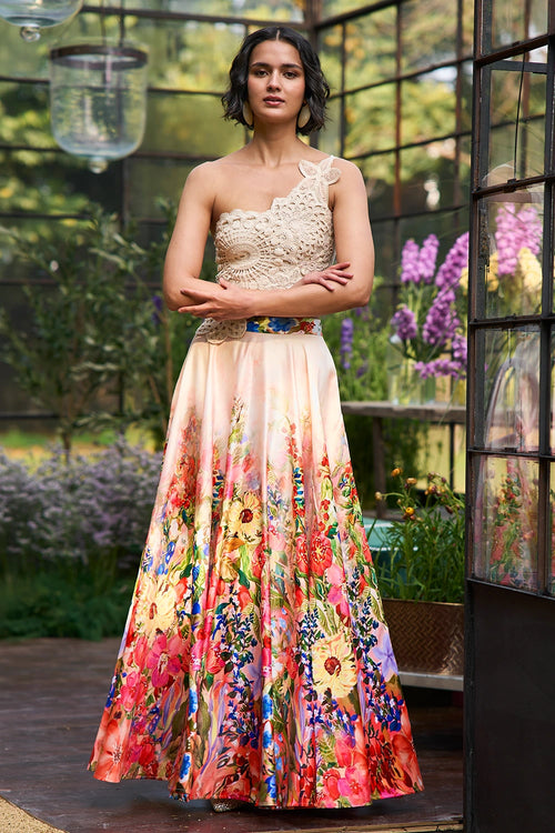Hand Appliqué Lace Embroidered Top And Skirt Set