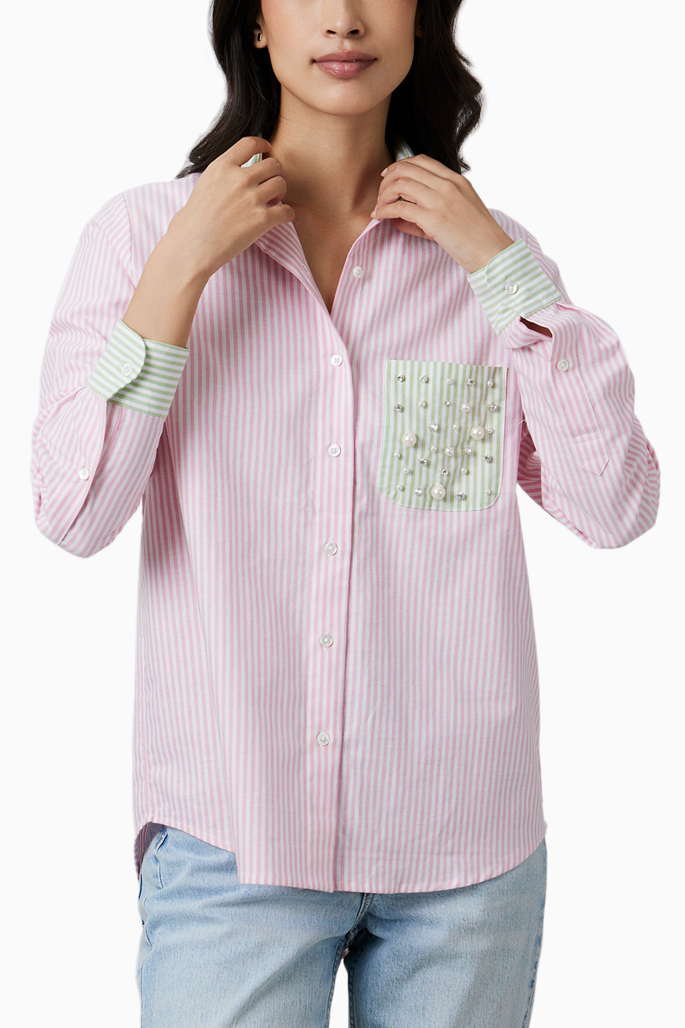 Pink Pastel Stripes Shirt with Swarovski Pearl Pocket